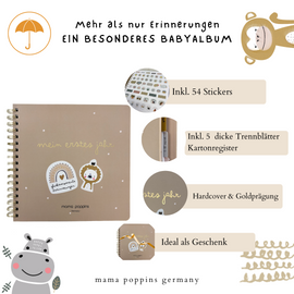 Babyalbum Mein Erstes Jahr, Erinnerungsbuch zum Ausfüllen, Babytagebuch mit 5 Register-Trennblättern und 54 Stickers