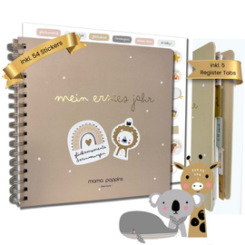 Babyalbum Mein Erstes Jahr, Erinnerungsbuch zum Ausfüllen, Babytagebuch mit 5 Register-Trennblättern und 54 Stickers